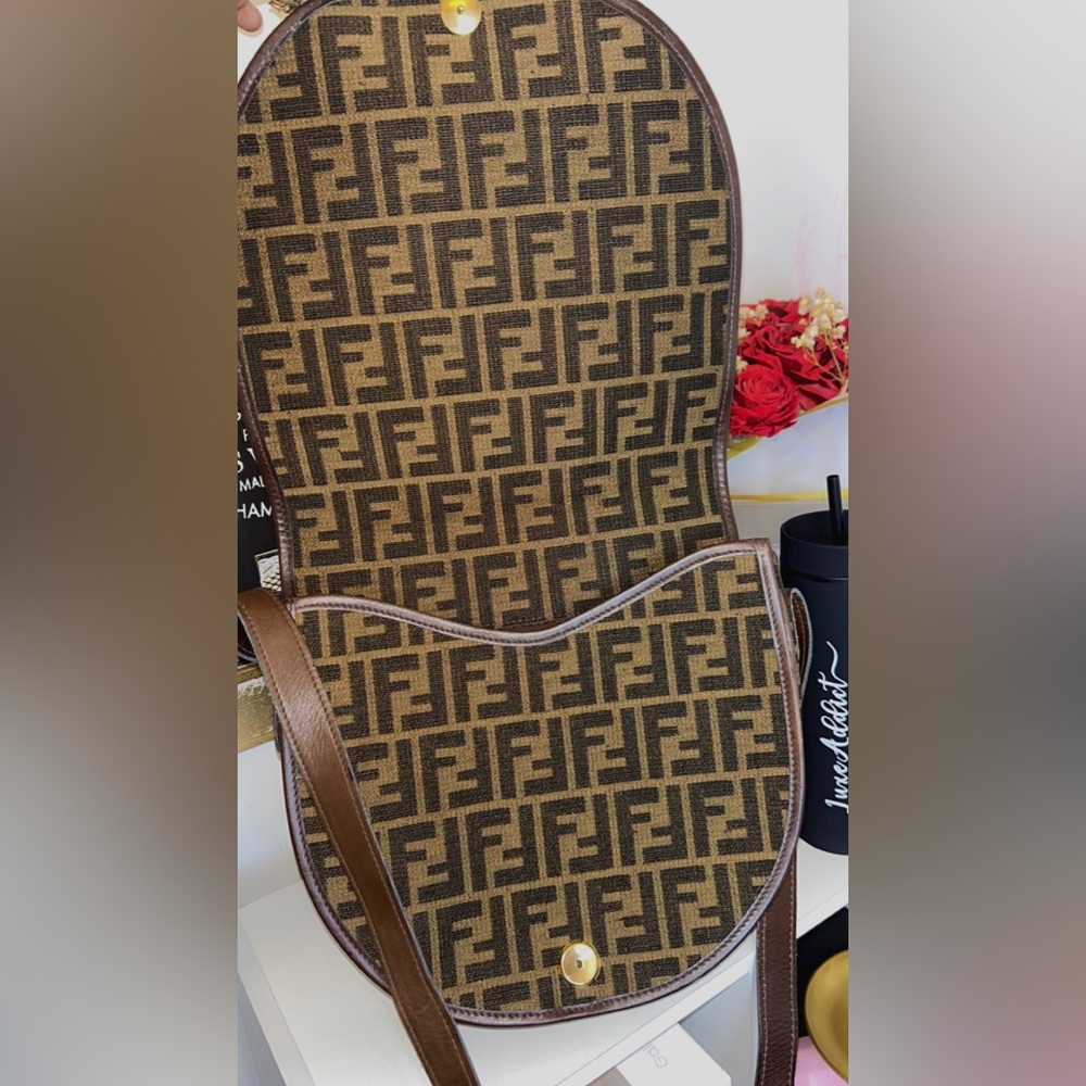 Vintage Fendi Zucchino FF Canvas Saddle Shoulder Bag Brown - Picture 6 of 13